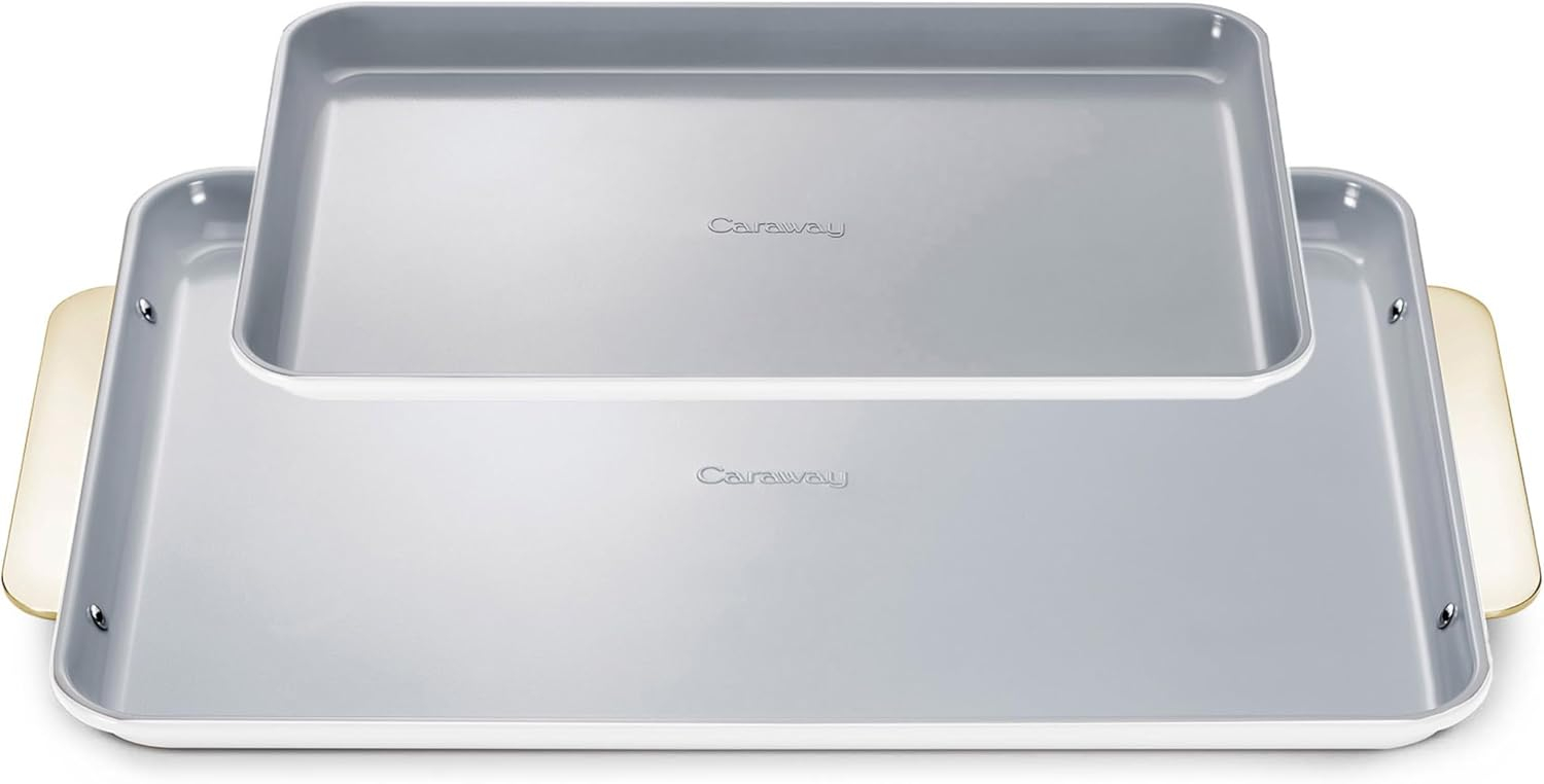 Caraway Non-Stick Ceramic Baking Sheet Duo - Naturally Slick Ceramic Coating - Non-Toxic, PTFE & PFOA Free - 18 x 13" Large & 15 x 10" Medium - White
