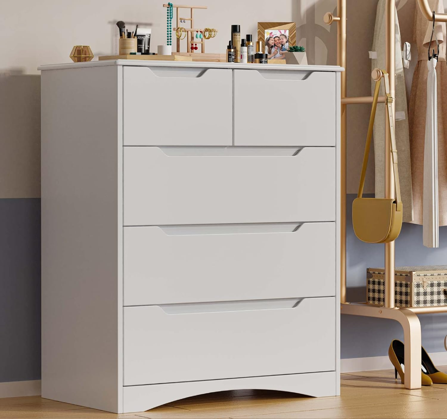 37  Tall Modern 5 Drawer Chest of Drawers Dresser Organizer, Vertical Clothes Storage Hanging Cabinet for Hallway, Bedroom
