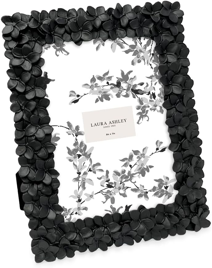 Laura Ashley 5x7 Black Flower Textured Hand-Crafted Resin Picture Frame w/Easel & Hook for Tabletop & Wall Display, Decorative Floral Design Home Décor, Photo Gallery, Art (5x7, Black)