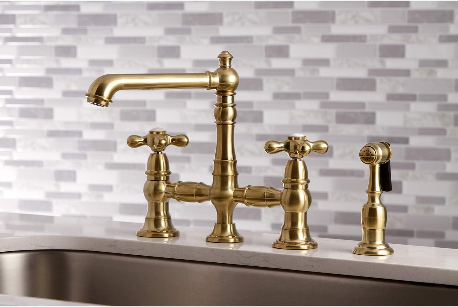 Kingston Brass KS7277AXBS English Country 8" Bridge Kitchen Faucet with Sprayer, Brushed Brass