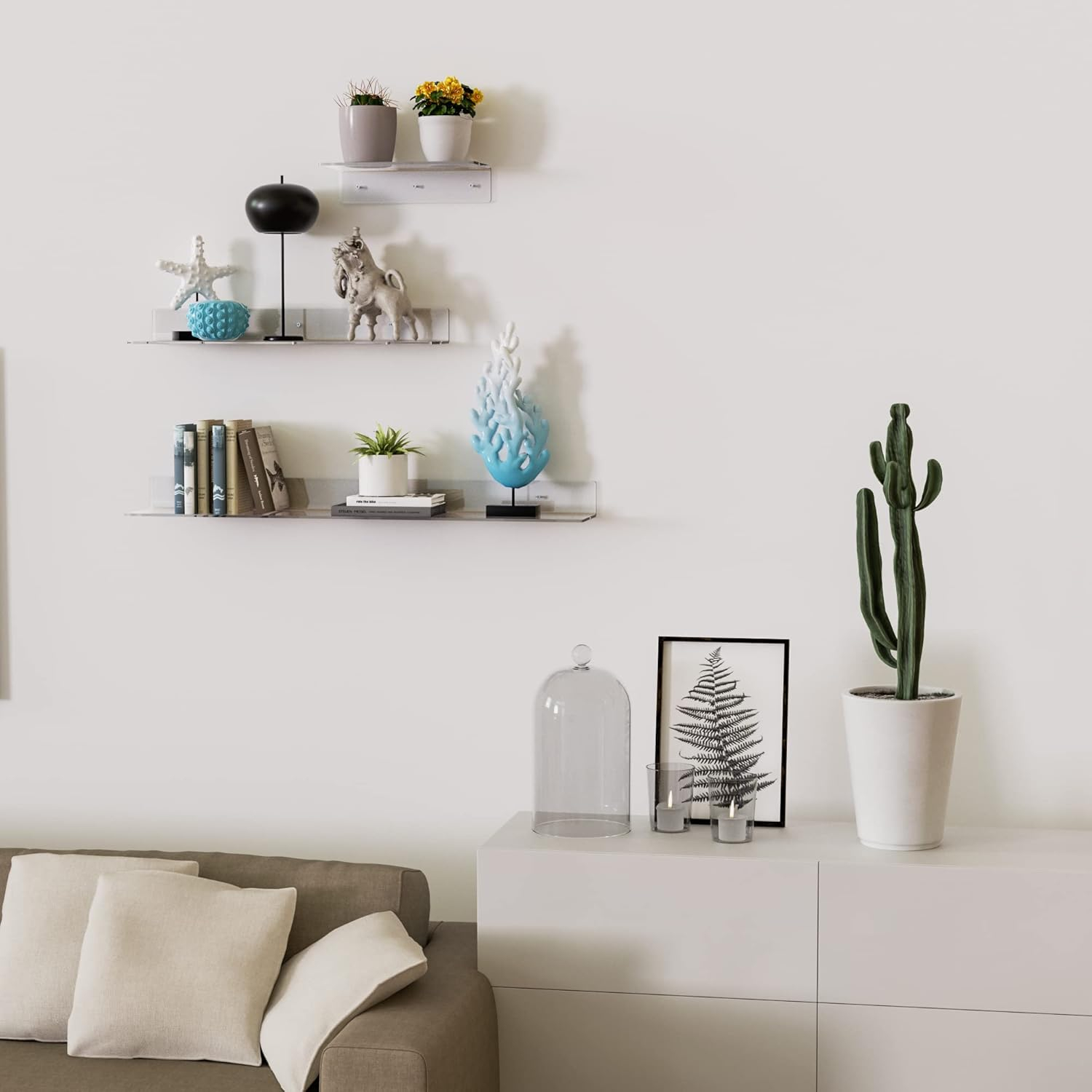 Acrylic Wall Shelves 36 24 12 Inches, Clear Floating Shelf for Wall, Wall Mounted Display Shelves for Plants, Radio, Funko Pop, Stuffed Animal, Books, Clock, Cosmetics, Toiletries