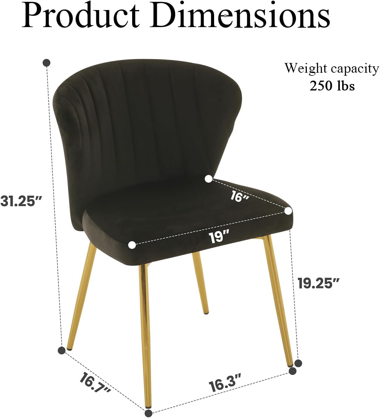 Velvet Dining Chairs Set of 2, Modern Upholstered Vanity Chairs with Golden Metal Legs for Dining Room Kitchen Vanity Patio (Black)