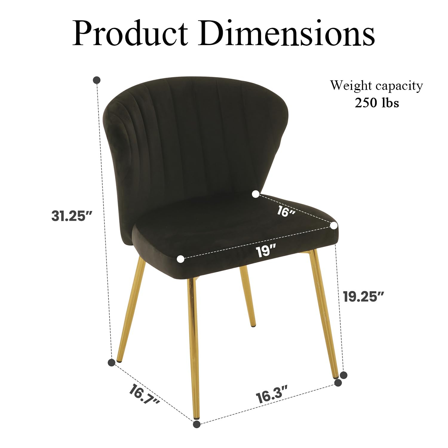 Velvet Dining Chairs Set of 2, Modern Upholstered Vanity Chairs with Golden Metal Legs for Dining Room Kitchen Vanity Patio (Black)