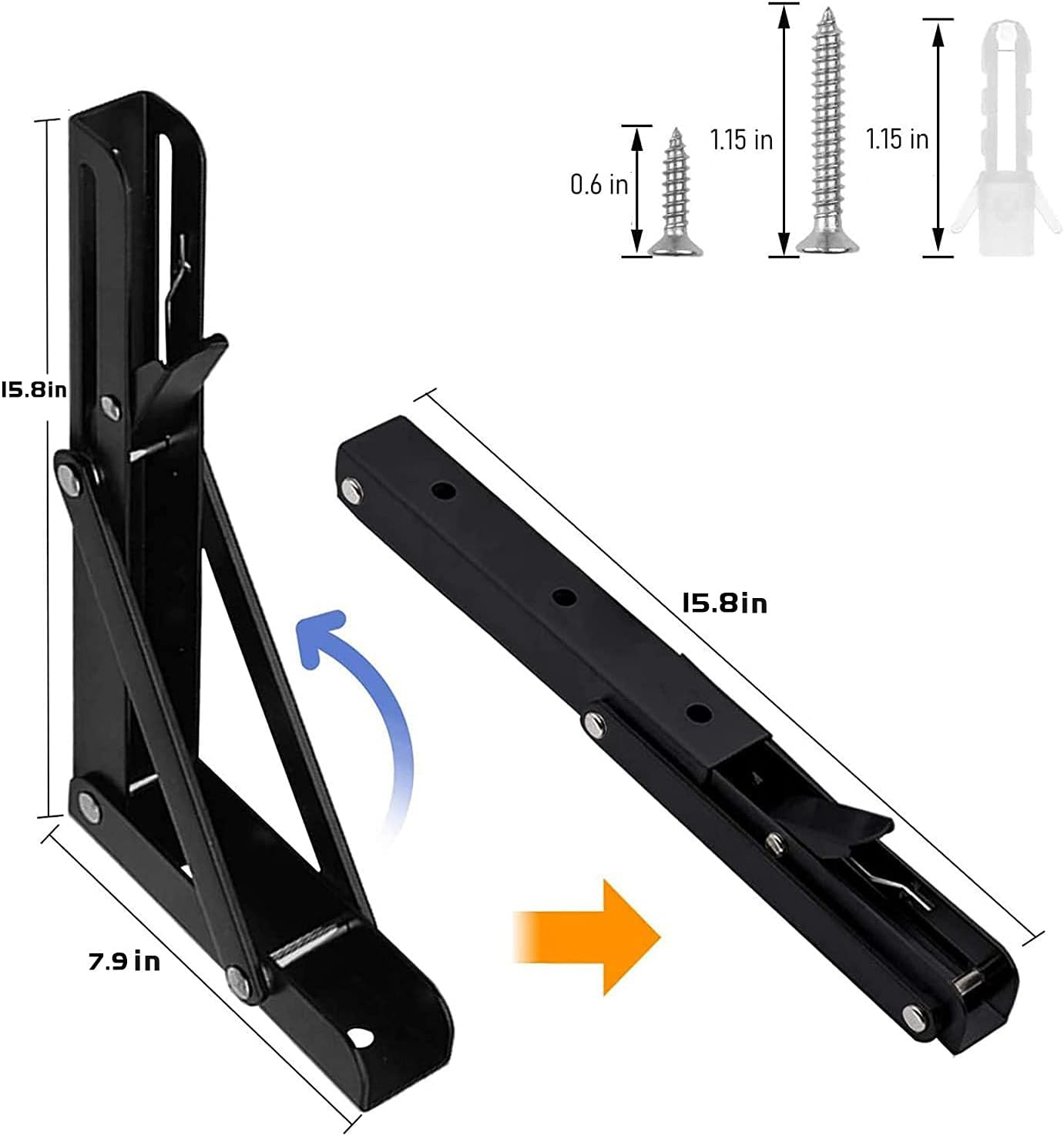 Folding Shelf Brackets - 16 Inch 2 Pcs Heavy Duty Stainless Steel Collapsible Triangle Shelf Bracket, DIY Wall Mounted Folding Table Hinge, Space Saving for Bench Table with Screws