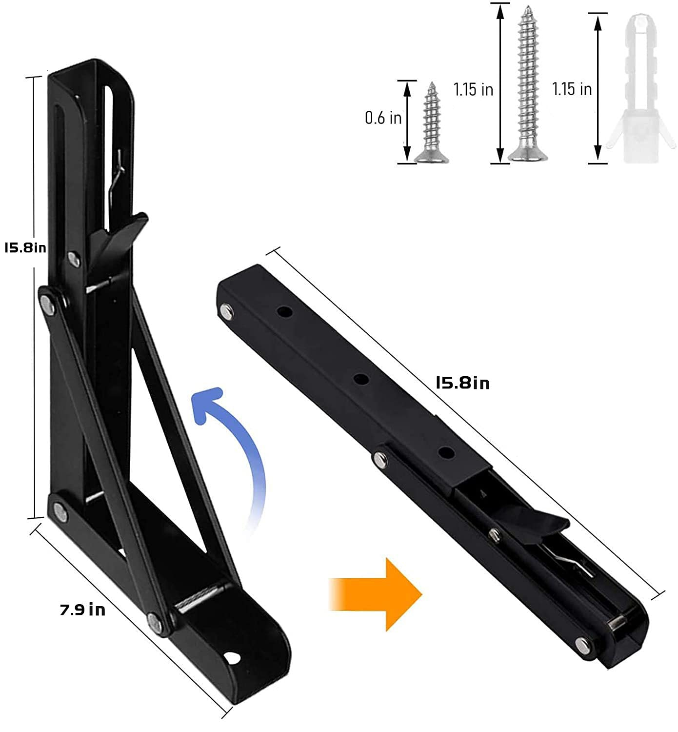 Folding Shelf Brackets - 16 Inch 2 Pcs Heavy Duty Stainless Steel Collapsible Triangle Shelf Bracket, DIY Wall Mounted Folding Table Hinge, Space Saving for Bench Table with Screws
