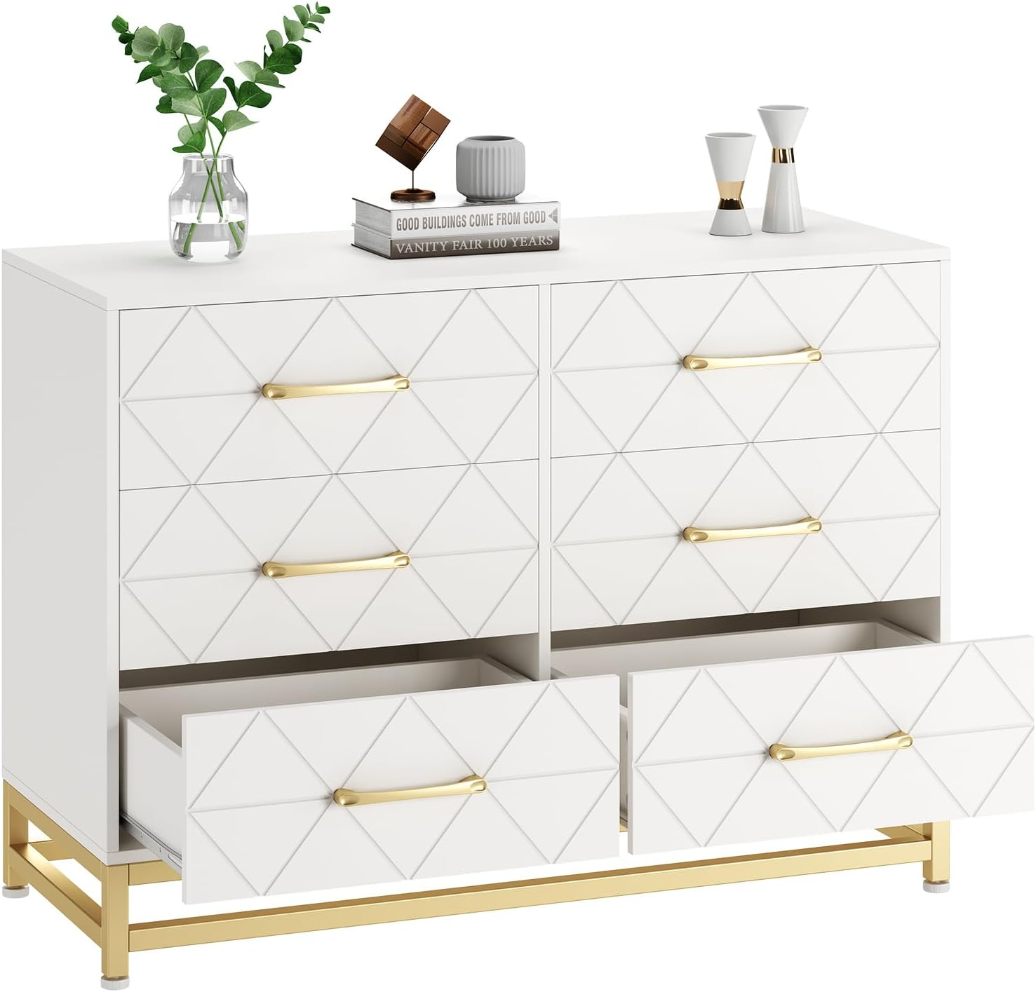 Jojoka Dresser for Bedroom with 6 Drawer, TV Stand Wood Dressers Chest of Drawers with Wide Drawers and Metal Handles for Living Room Hallway Entryway, White
