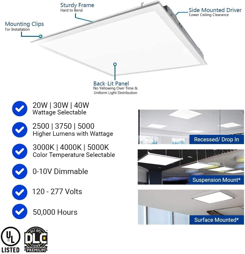 2x2 FT LED Light Flat Panel, 20/30/40W, Color Temperature Selectable 3K | 4K | 5K, Dimmable Recessed Drop Ceiling Lights, 2500/3750/5000 Lumens, Lay in Fixture for Office, 120-277V, UL DLC(12 Pack)