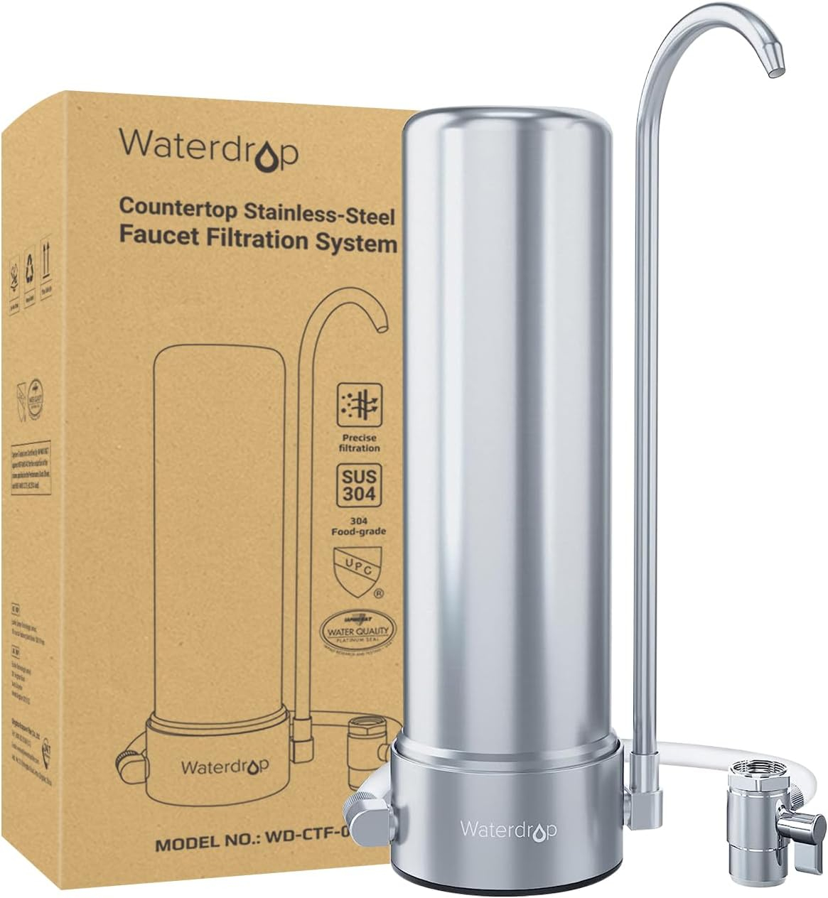 Waterdrop Countertop Water Filter, NSF/ANSI 42&372 Certified,5-Stage Stainless Steel Faucet Water Filter for 8000 Gallons, Reduces Heavy Metals, Bad Odor and 99% Chlorine,WD-CTF-01(1 Filter Included)