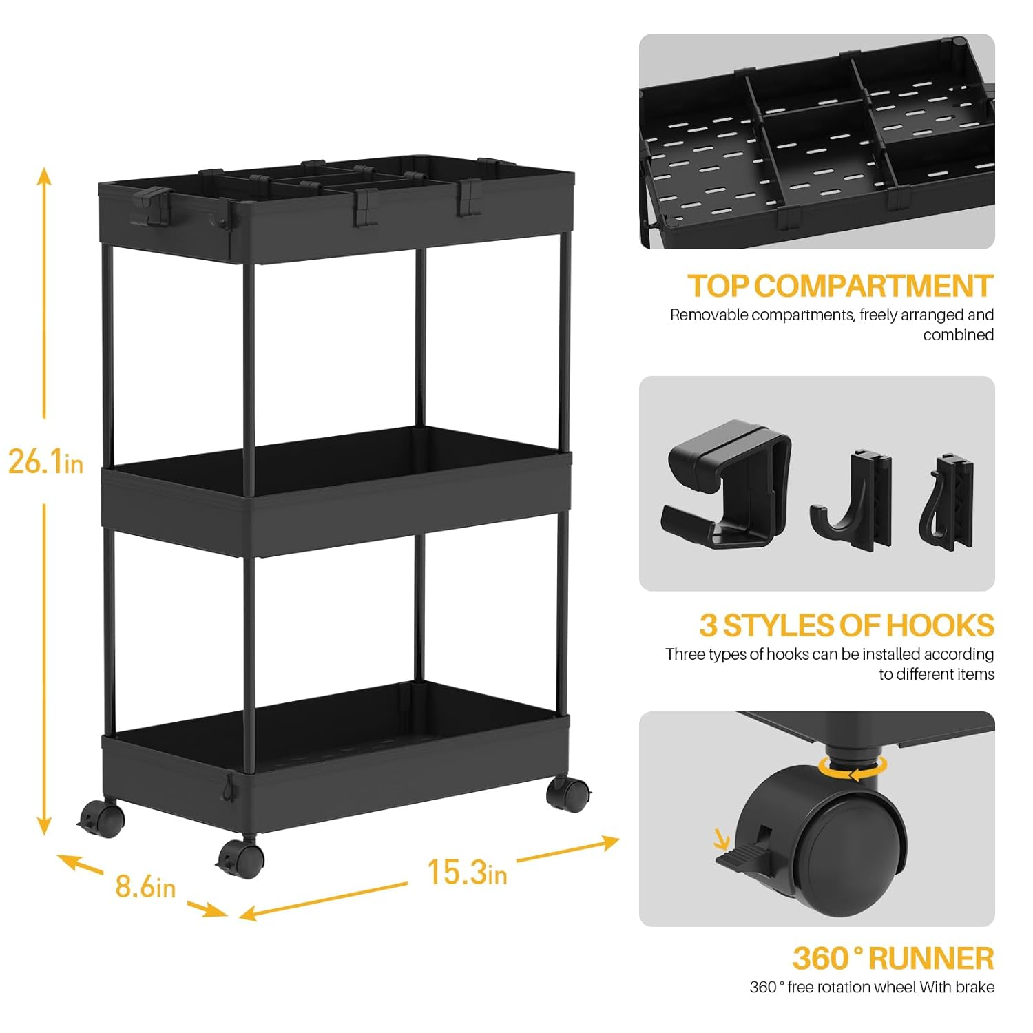 Black 3-Tier Rolling Plastic Storage Cart with Wheels