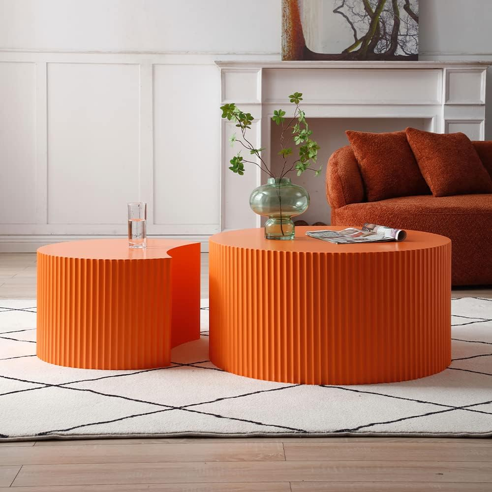 WILLIAMSPACE Nesting Coffee Table Set of 2, Matte Orange Round Wooden Coffee Tables, Modern Luxury Side Tables Accent End Table for Living Room Apartment, 23.62"*23.62"*15.75"H (Orange,Round)