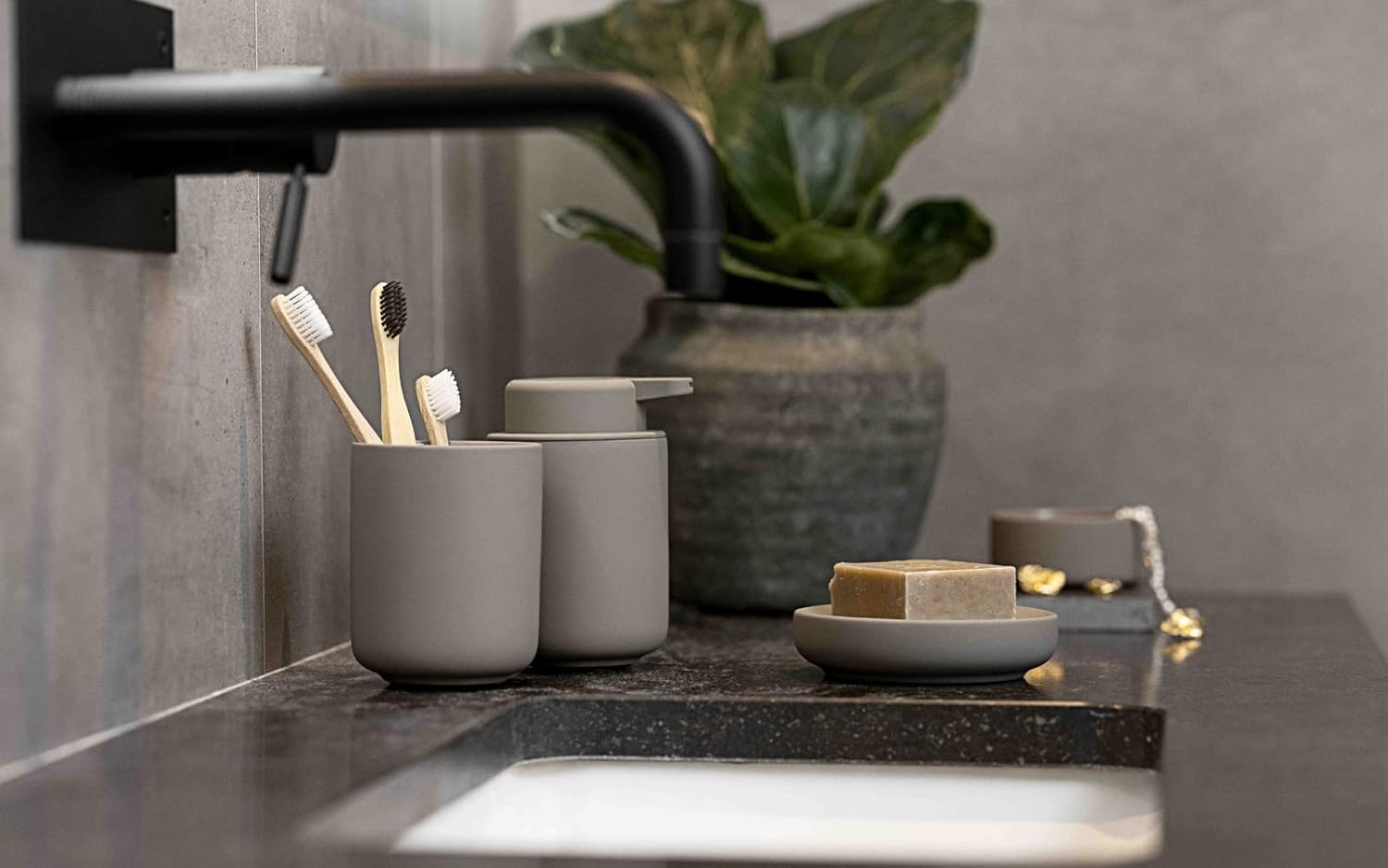 Elegant Taupe Ceramic Soap Dispenser, 8.5 oz.