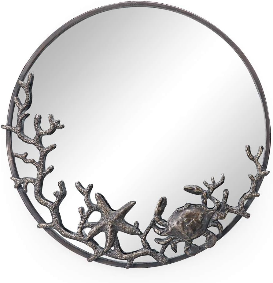 SPI Home Starfish and Crab Wall Mirror – 22" Round Cast Iron Frame with Coastal Marine Design, Rustic Bronze Sea Life Decor