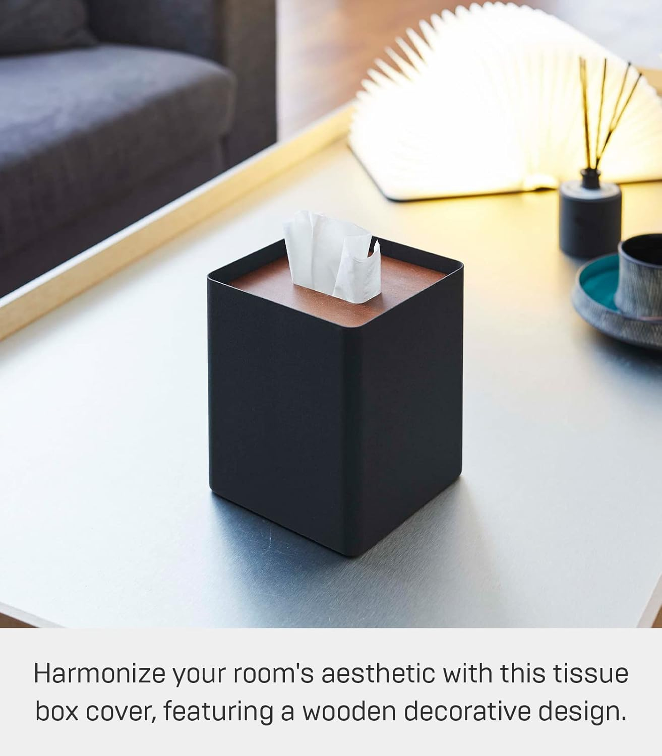 Yamazaki Home Tissue Box Cover - Square, Walnut, Steel, Lid, No Assembly