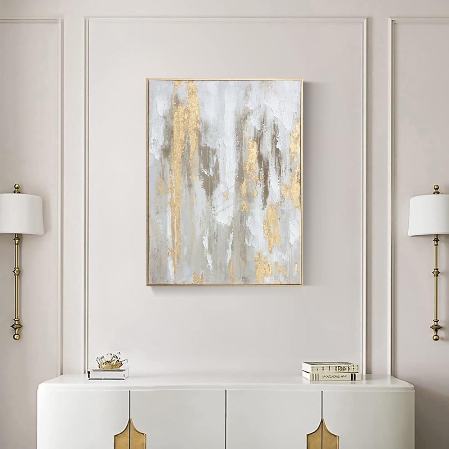 Gold Abstract Wall Art Decor - Framed Texture Paintings Modern Canvas Artwork with Hand-Painted Gold Foil for Modern Style Decor, Ready to Hang