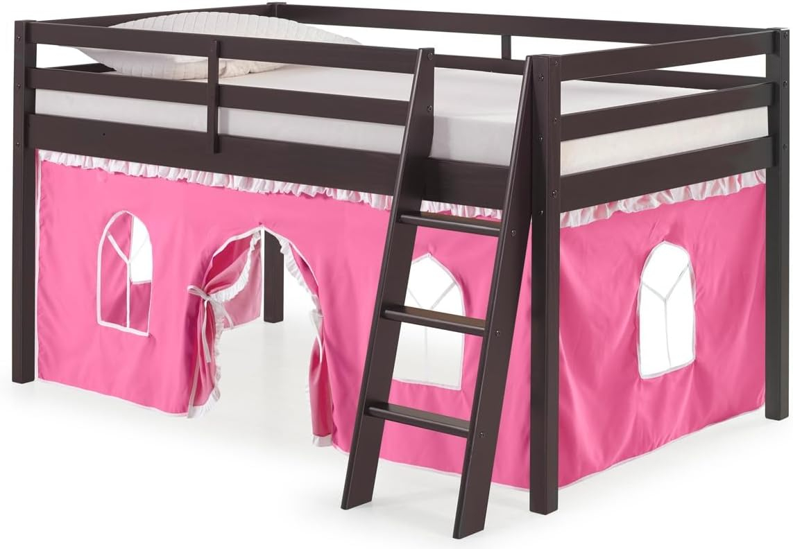 Alaterre Furniture Roxy Junior Loft - Espresso with Pink and White Bottom Tent