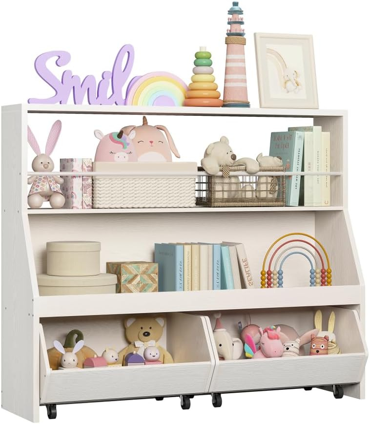 IRONCK Toy Storage Organizer, Kids Bookshelf with 2 Movable Cubby Drawers, Top Toy Storage with Crossbar, Storage Cabinet for Nursery, Playroom, White