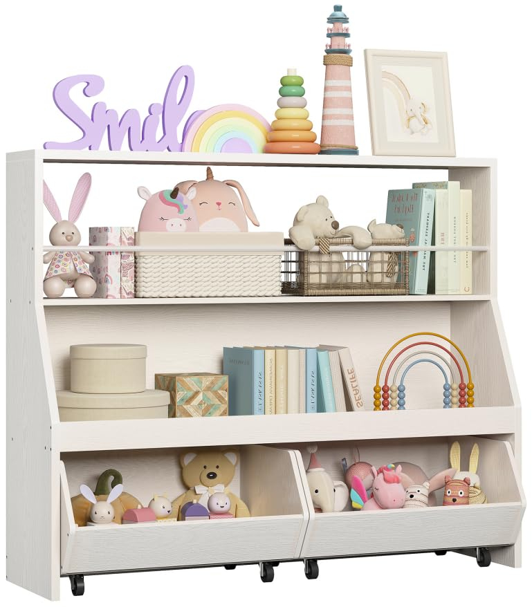 IRONCK Toy Storage Organizer, Kids Bookshelf with 2 Movable Cubby Drawers, Top Toy Storage with Crossbar, Storage Cabinet for Nursery, Playroom, White