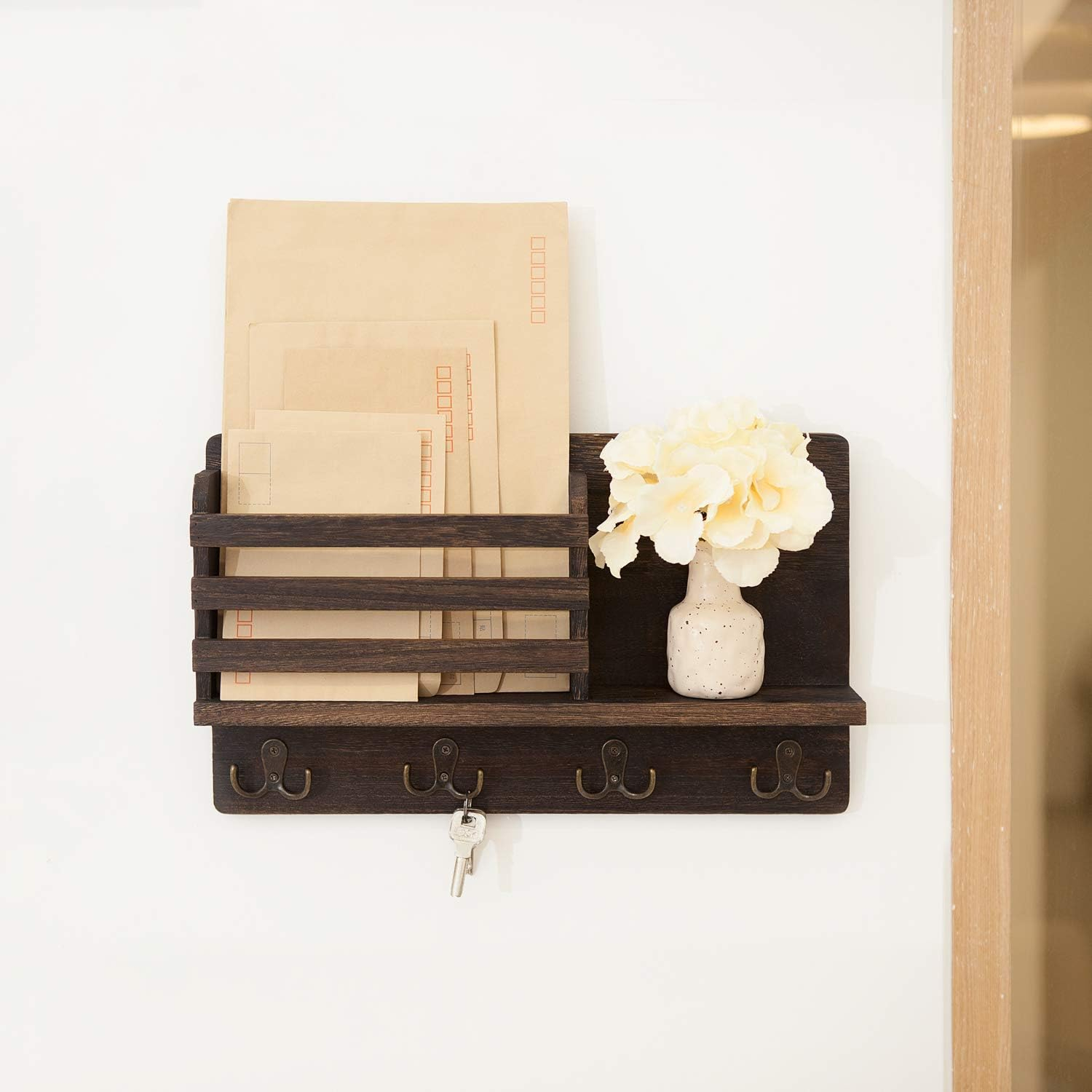 Dahey Wall Mounted Mail Holder Wooden Key Holder Rack Mail Sorter Organizer with 4 Double Key Hooks and A Floating Shelf Rustic Home Decor for Entryway or Mudroom,15.7" W x9.3 Hx3.2 D, Brown