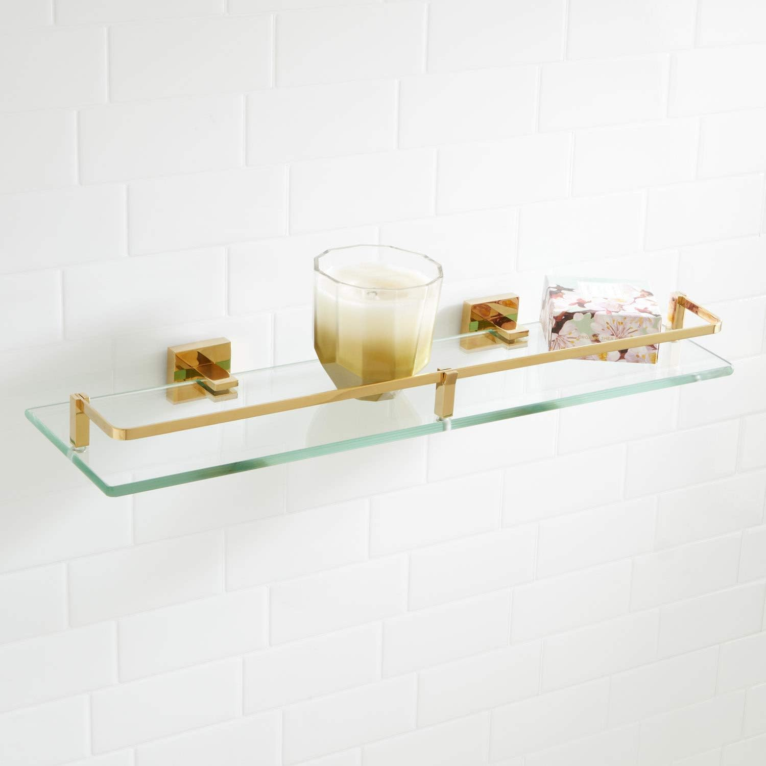 Polished Brass and Glass Wall Mounted Bathroom Shelf