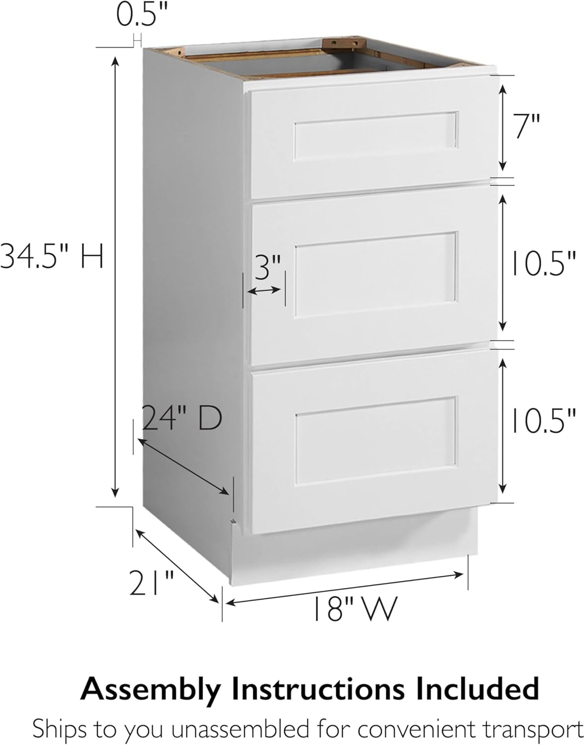 Brookings Shaker Unassembled Drawer Base Kitchen Cabinet 3DB18, 18 W x 24 D x 34.5 H, Painted White, Solid Wood, Design House, 561464