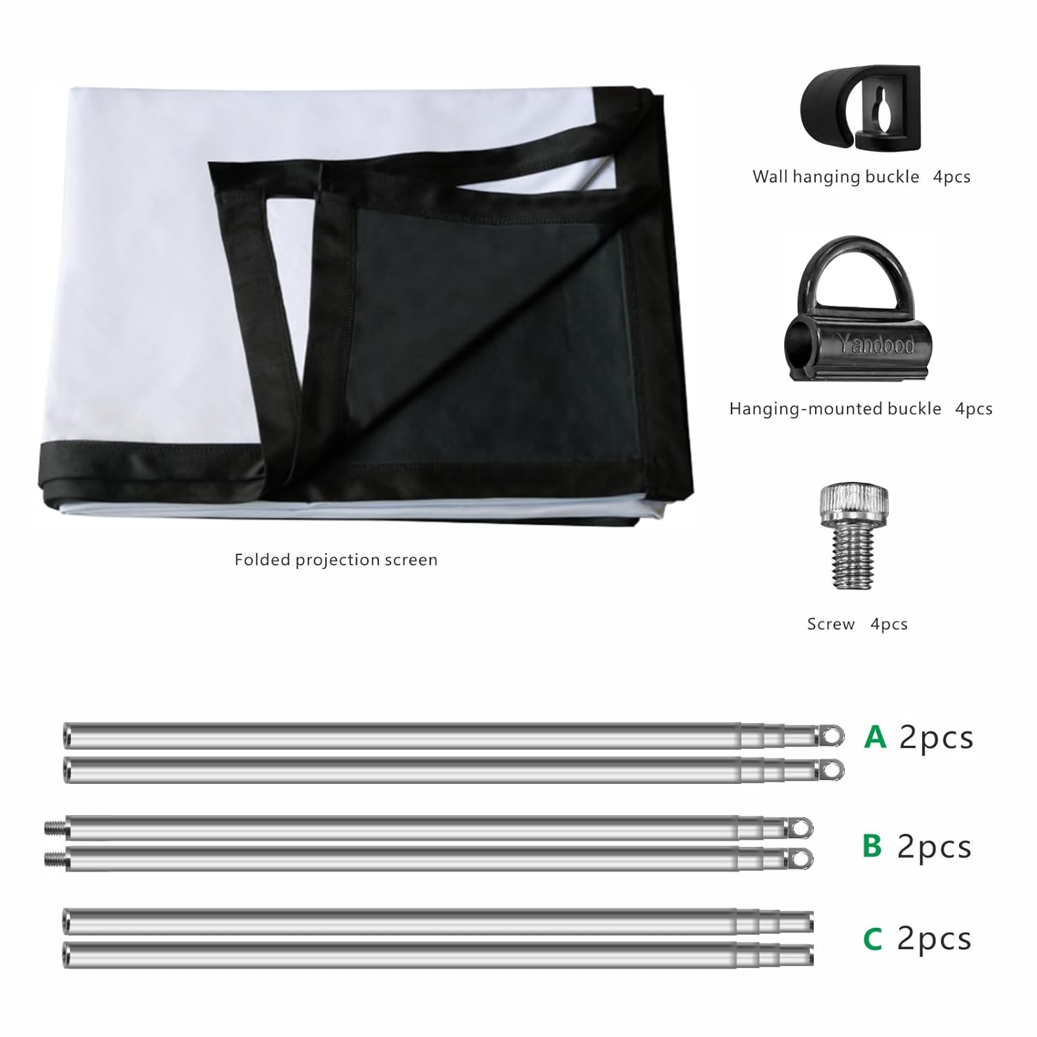 Foldable Projector Screen 120 inch with Lightweight Telescopic Pole Frame Wall Mounted Anti-Crease Black Backing Silver Portable Projection Screen