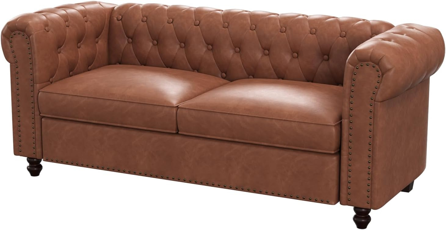 72 Inch Brown Couch, Chesterfield Faux Leather Sofa with Wooden Legs, Vintage Tufted Sofa with Rolled Arms, Mid Century Modern Couch with Rivets for Living Room, Apartment, Office