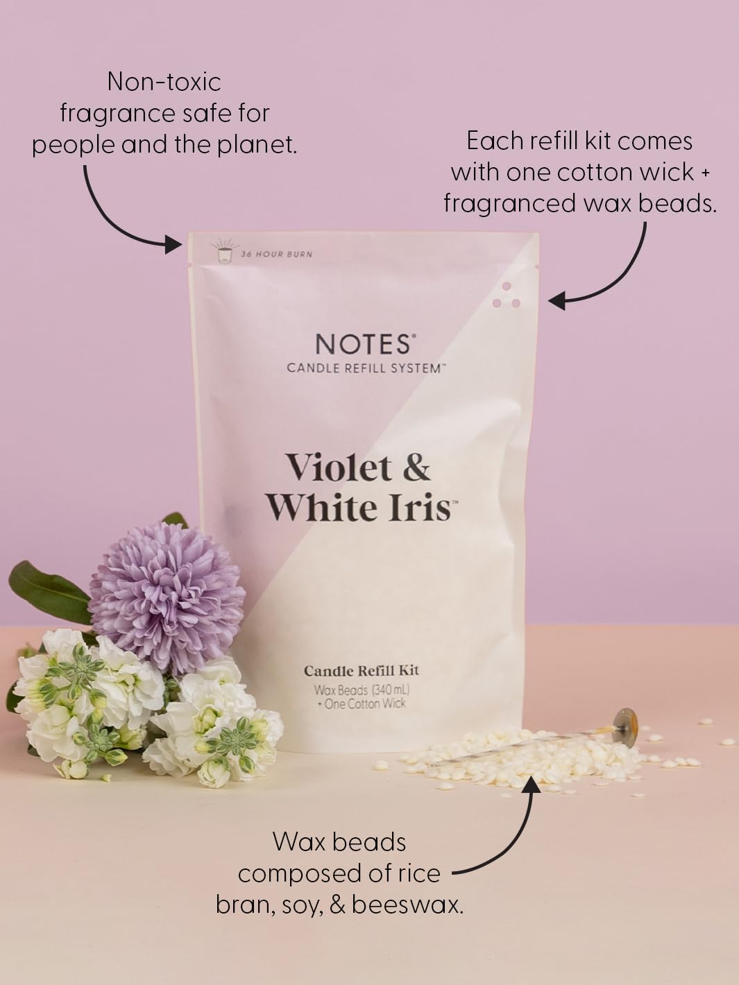 NOTES Sustainable Candle Refill | Non-Toxic Fragrance, Natural Wax Beads (Beeswax, Rice bran and Soy), Cotton Wick and Sustainer - (1) Violet & White Iris