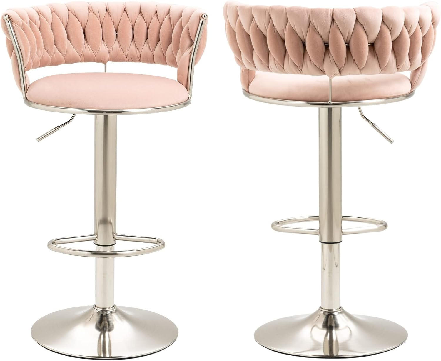 Kakotito 360° Velvet Swivel Bar Stools with Low Back & Footrest, Adjustable Counter Barstools, Silver Bar Stool (Set of 2 - Silver Version, Pink)