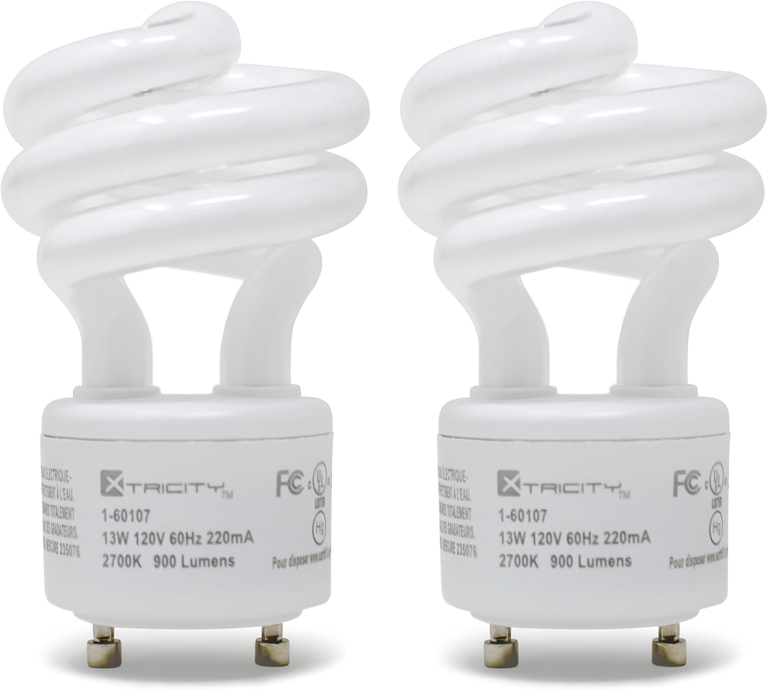 Xtricity Compact Fluorescent GU24 2 Prong Light Bulb Base, T2 Mini Spiral, 13W (60 Watt Equivalent), 2700k Soft White, 900 Lumens, CFL, 120V, UL Listed (2 Pack)