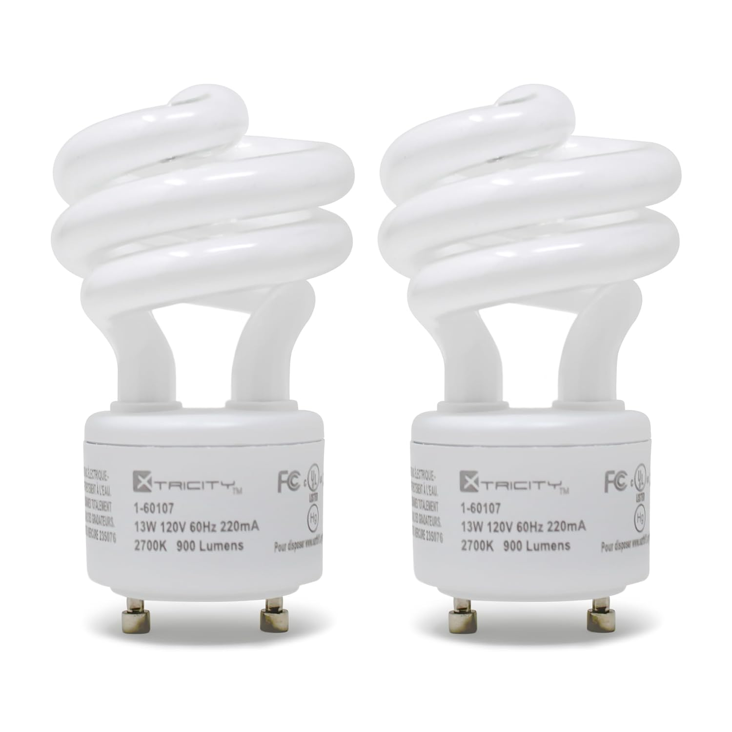 Xtricity Compact Fluorescent GU24 2 Prong Light Bulb Base, T2 Mini Spiral, 13W (60 Watt Equivalent), 2700k Soft White, 900 Lumens, CFL, 120V, UL Listed (2 Pack)