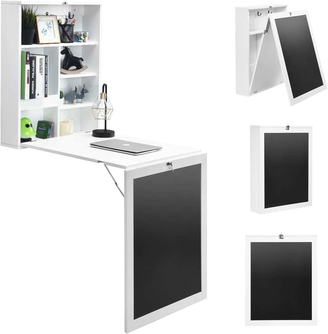 Folding Wall Desk, Wall Mounted Fold Out Table with Storage Shelves & Hooks, Hideaway Desk with Chalkboard, Floating Corner Desk for Small Spaces (White)