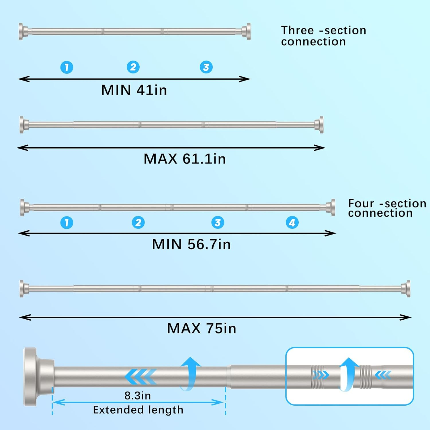 AIZESI Brushed Nickel Shower Curtain Rod, Adjustable 41-75 Inch Tension Shower Curtain Rod, 1" Diameter Shower Rod No Drilling, Anti-Slip, Premium Stainless Steel Anti-Rust
