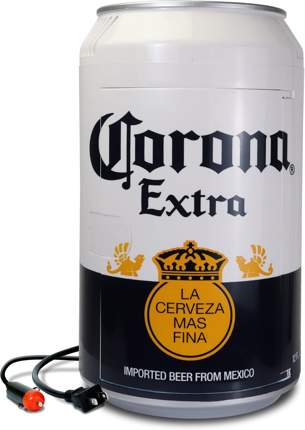 Corona 8 Can Portable Mini Fridge w/ 12V DC and 110V AC Cords, 5.4L (5.7 qt) Beer Can Shaped Personal Cooler, White, Travel Fridge for Beer, Snacks, Lunch, Drinks, Home, Office, Bar, Dorm, RV