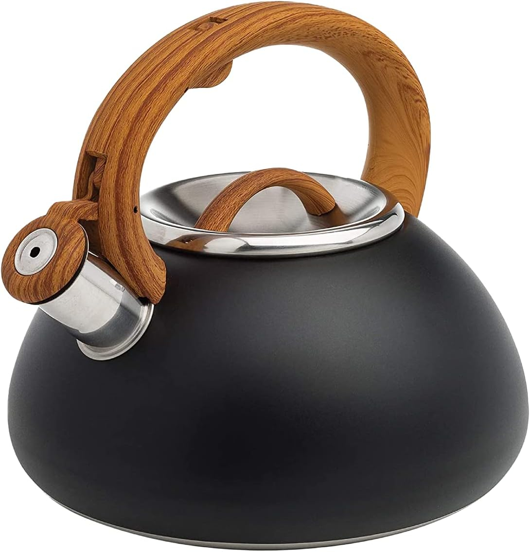 Matte Black and Wood Stainless Steel Whistling Tea Kettle