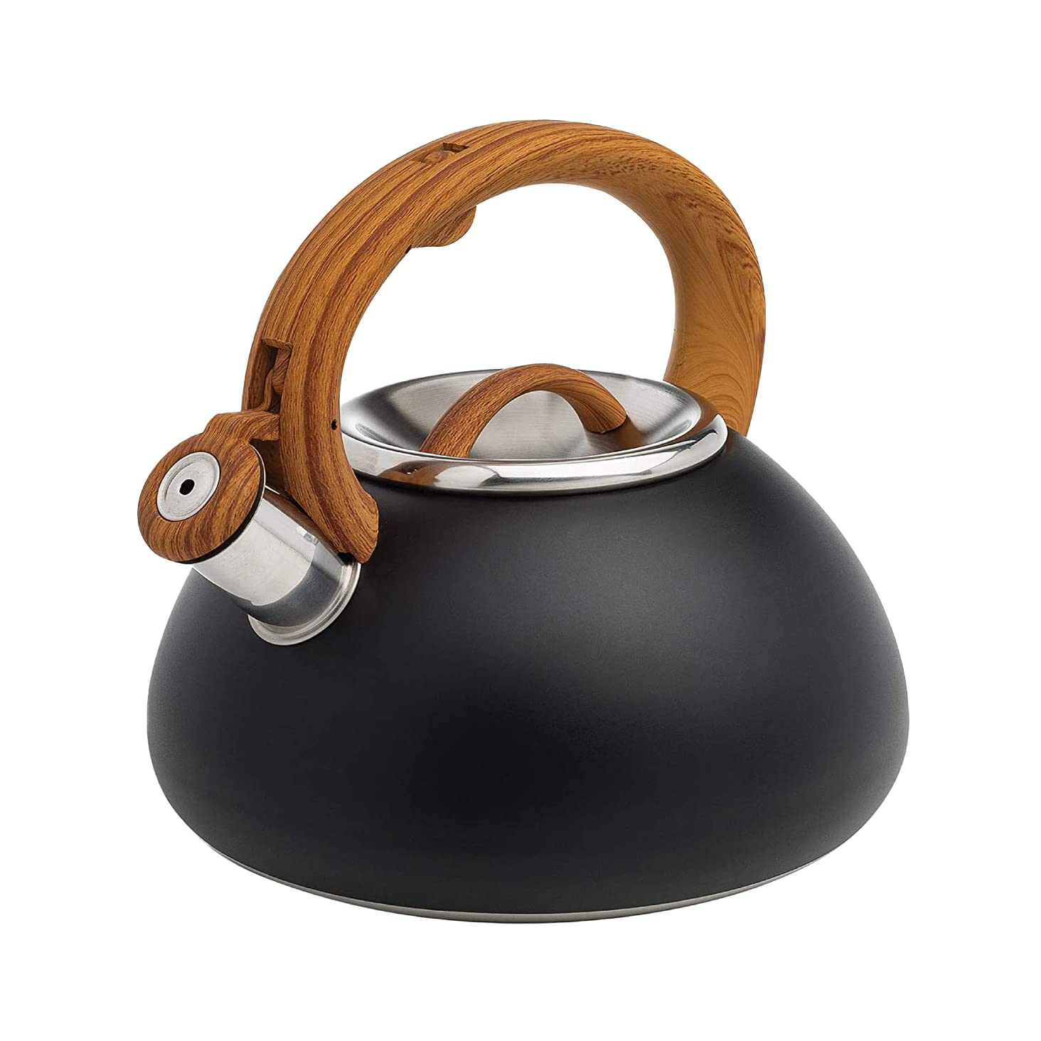 Matte Black and Wood Stainless Steel Whistling Tea Kettle