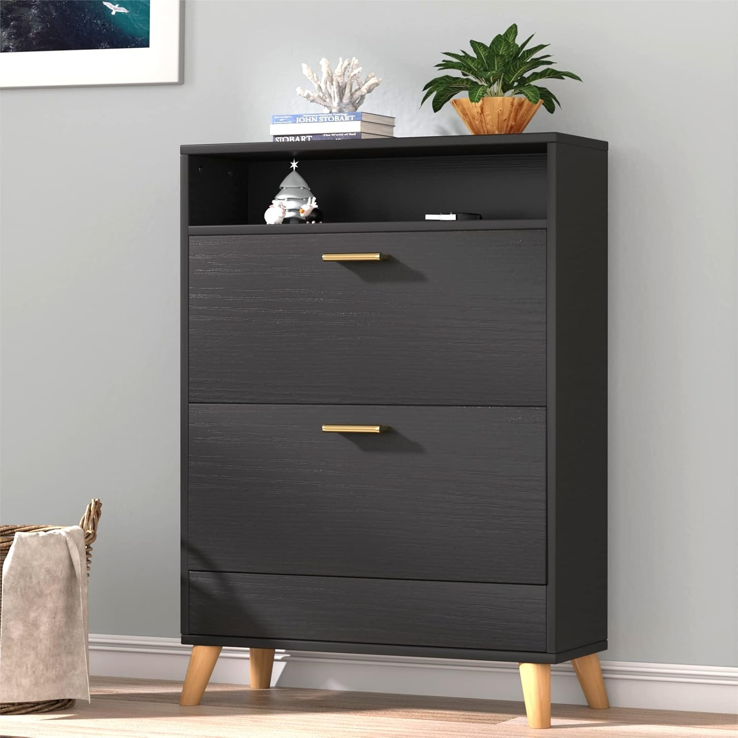 Shoe Storage Cabinets, 16 Pairs Free Standing Shoe Organizer with 2 Flip Drawers for Entryway, Narrow 3 Tier Entryway Hidden Shoe Rack with Doors (Dark Black)