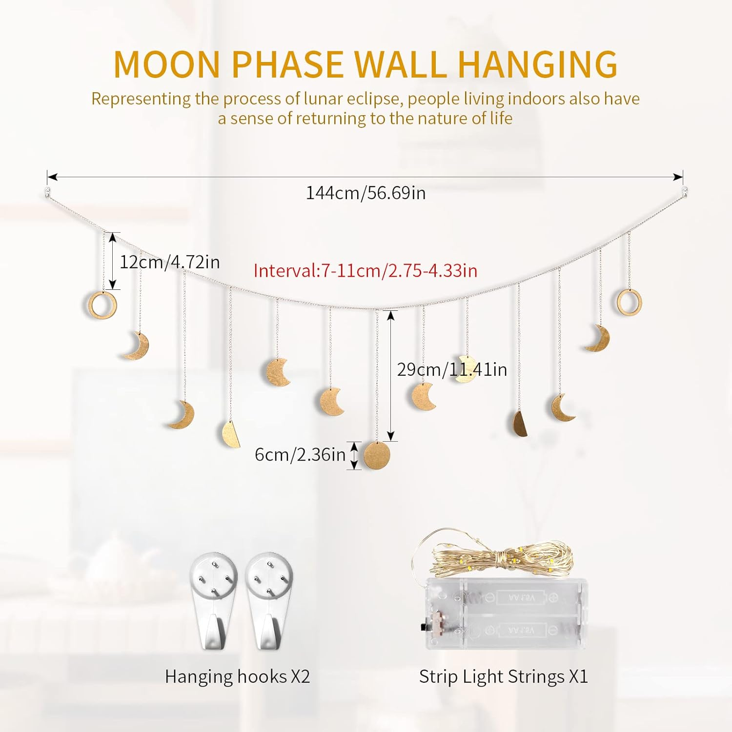Moon Phase Wall Decor with LED String Light, 13 Gold Wood Boho Wall Hanging Decor Mood Garland 56'' - Celestial Phases Moon Decor in Bohemian Style for Bedroom Home Living Room Independence Day Gifts