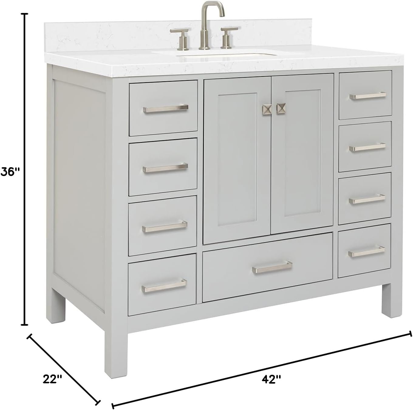 Eviva Aberdeen 42"W x 22"D Gray Bathroom Vanity with White Carrara Quartz Countertop and Undermount Porcelain Sink