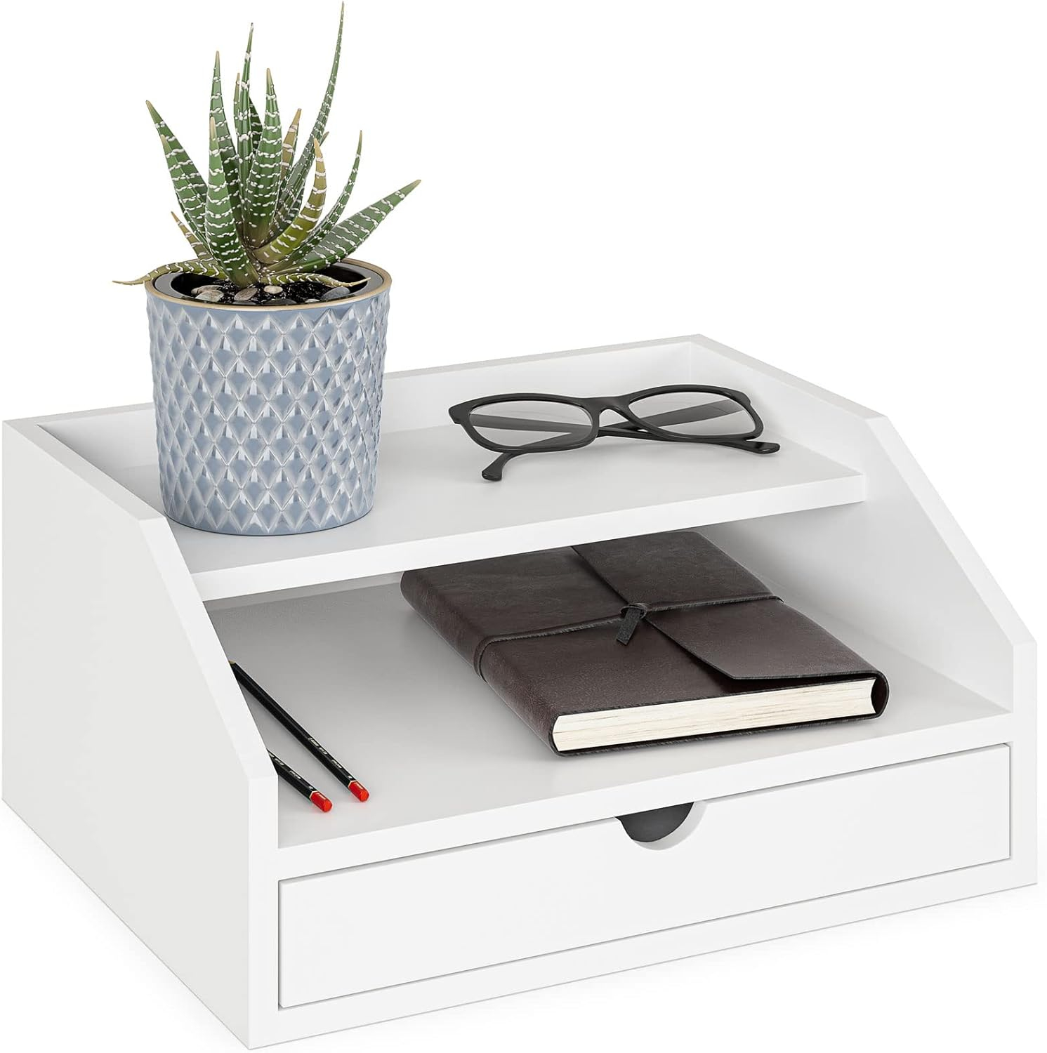 Ballucci Desk Organizer with Drawer, 2 Tier Paper Office Supplies Desk Organizer, 13 2/5" x 9 3/5" x 6", White