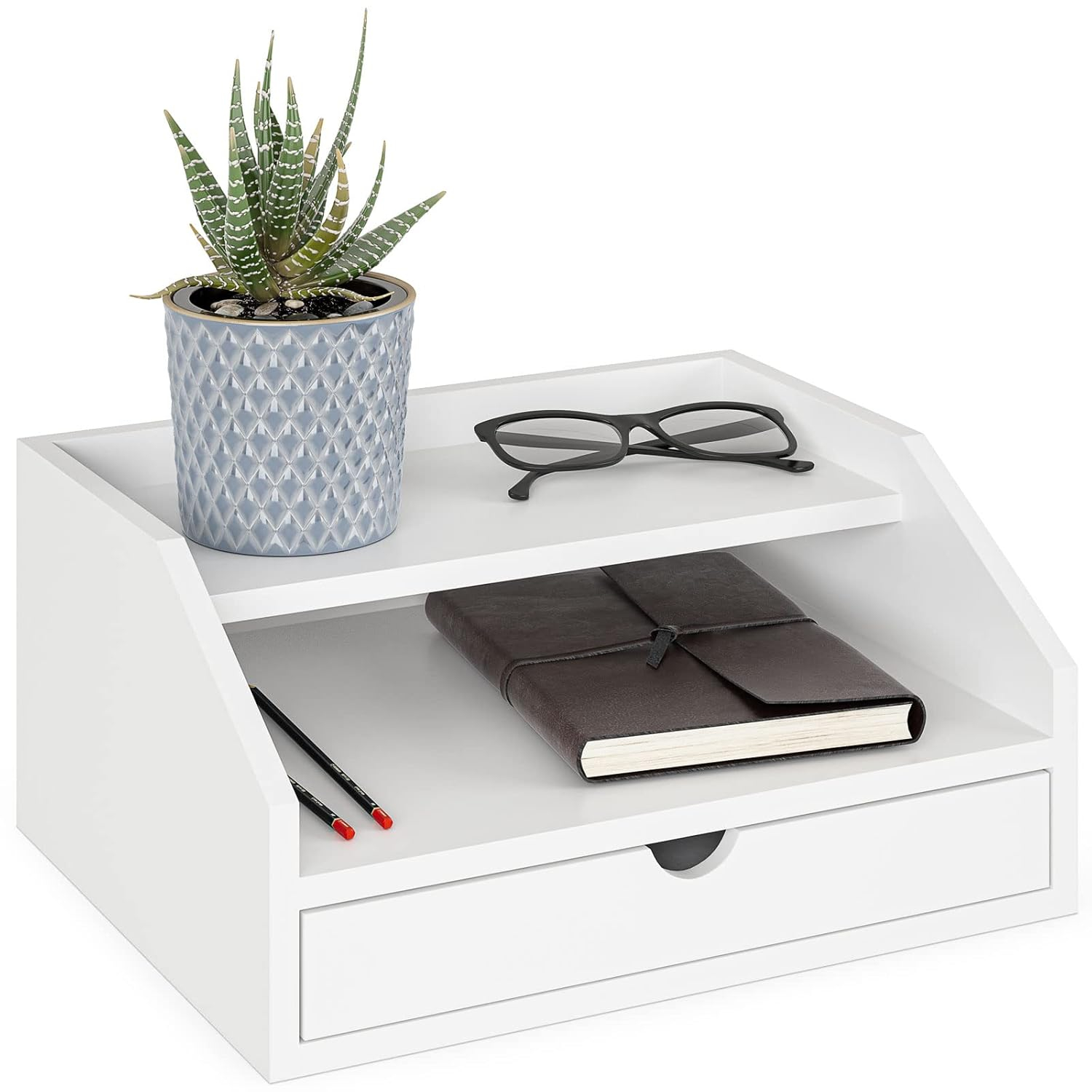 Ballucci Desk Organizer with Drawer, 2 Tier Paper Office Supplies Desk Organizer, 13 2/5" x 9 3/5" x 6", White