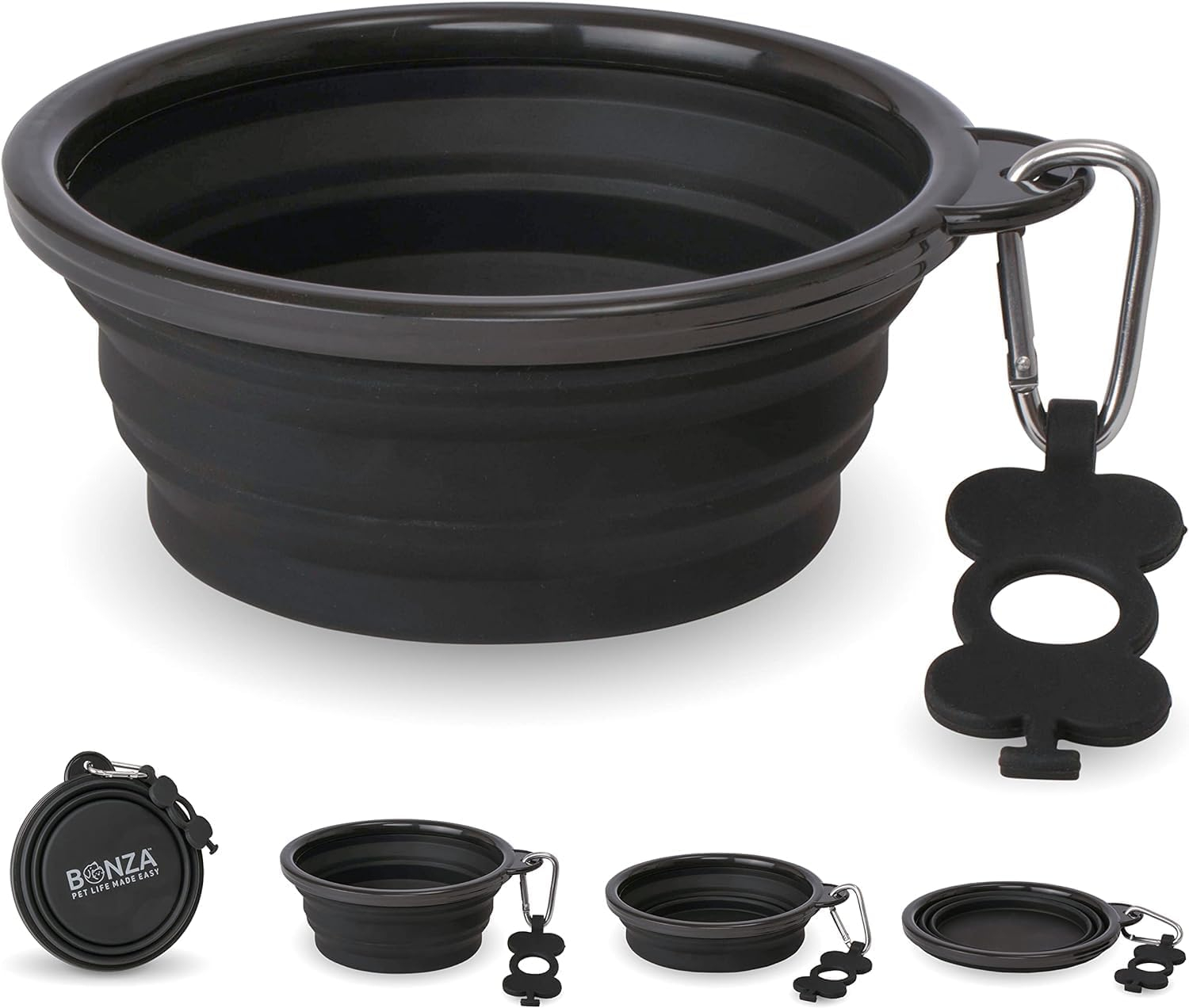 Bonza by Leash Boss Small Collapsible Dog Bowl, Sturdy Reinforced Rim, Includes Carabiner & Water Bottle Holder Keychain, Black