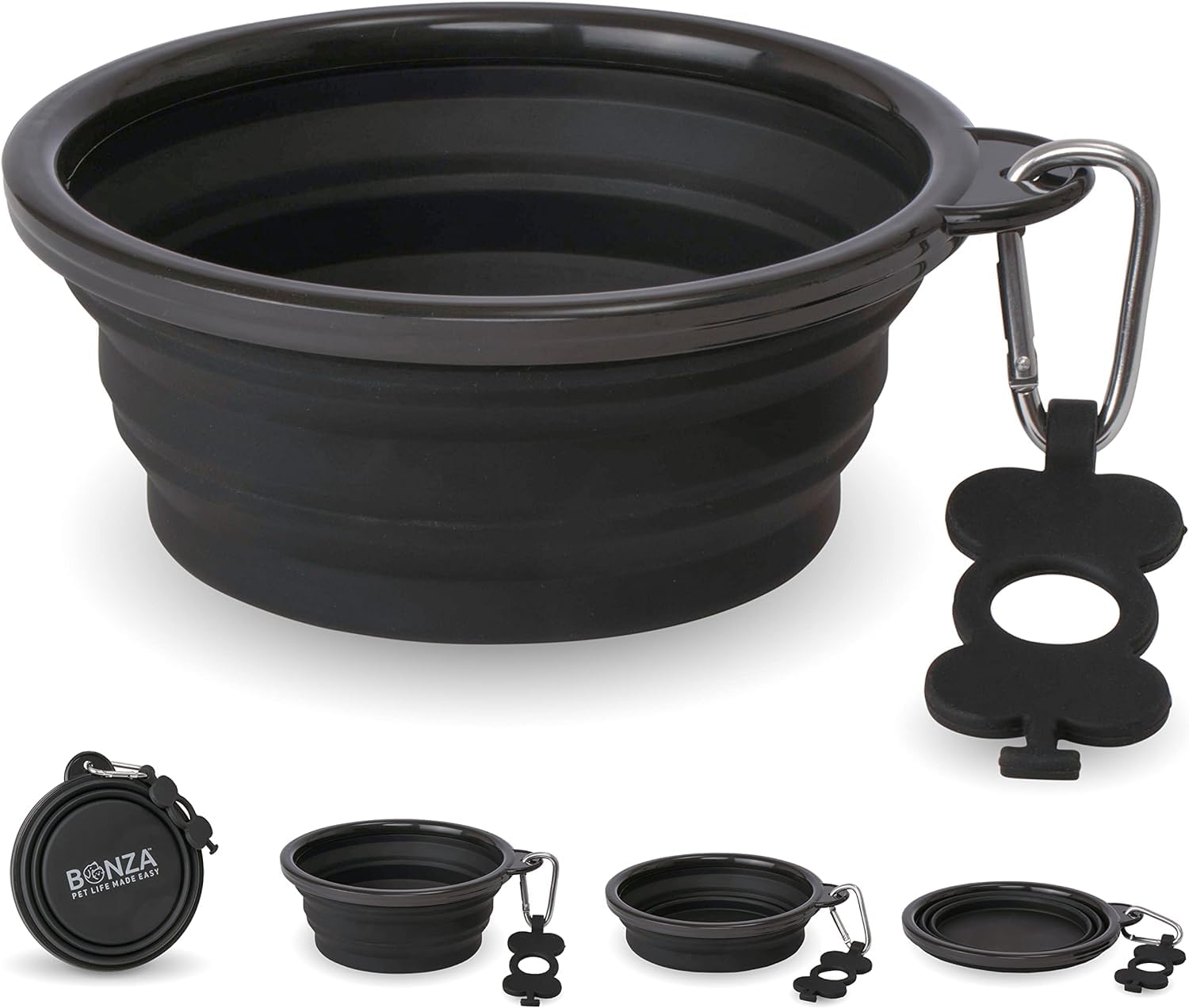 Bonza by Leash Boss Small Collapsible Dog Bowl, Sturdy Reinforced Rim, Includes Carabiner & Water Bottle Holder Keychain, Black