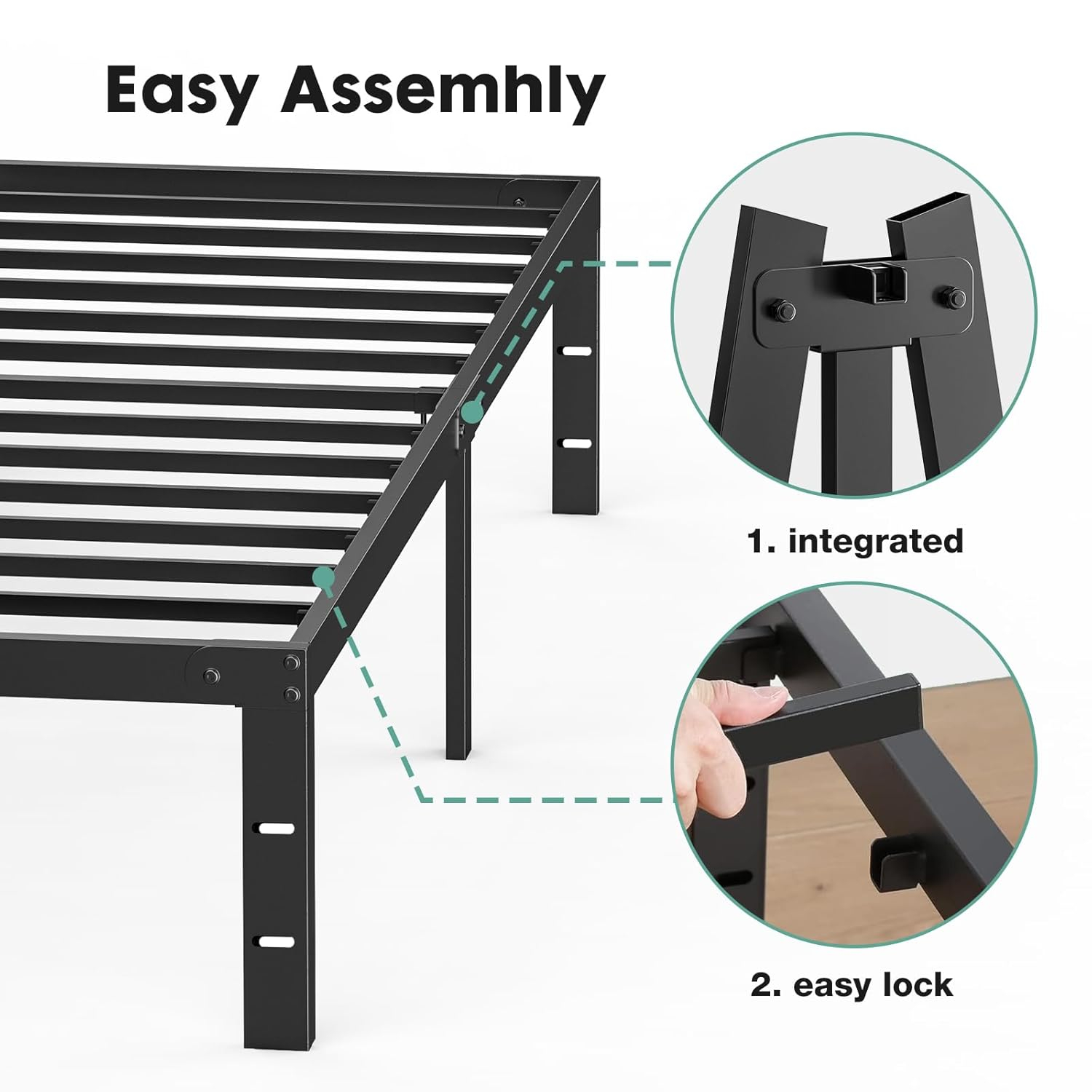 Queen Size Black Metal Bed Frame with Storage and Slats