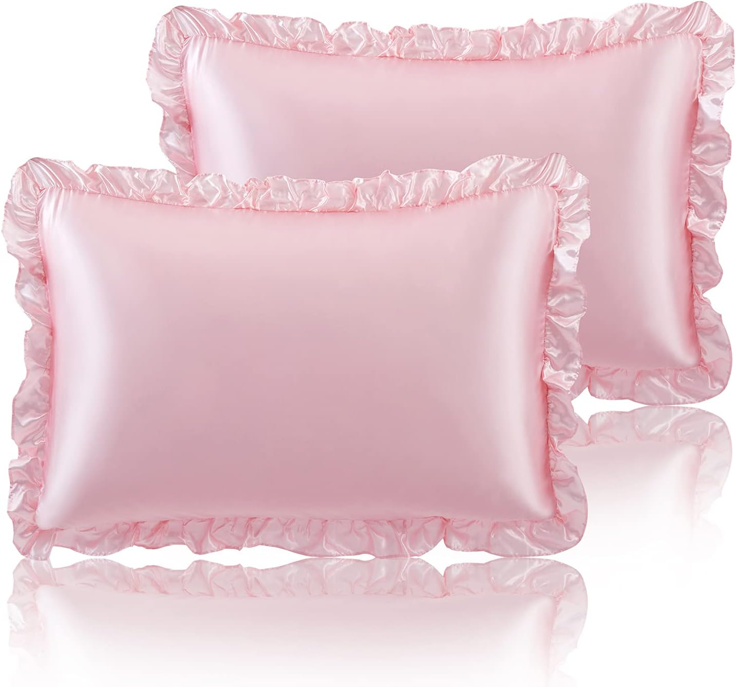SiinvdaBZX Ruffled Queen Satin Pillowcase Set of 2, Blush Pink Silky Satin Pillow Cases for Women Ruffle Pillow Shams Covers Princess Room Decoration, with Envelope Closure