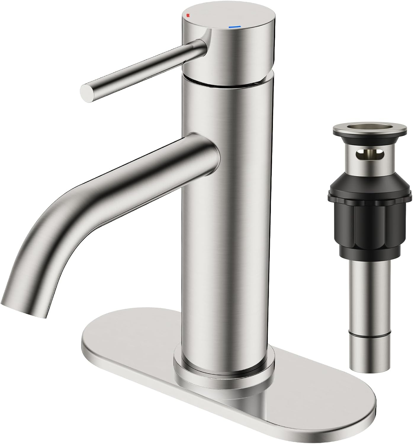 Single Handle Mid-Arc Bathroom Faucet with Deckplate and Pop-Up Drain in Brushed Nickel
