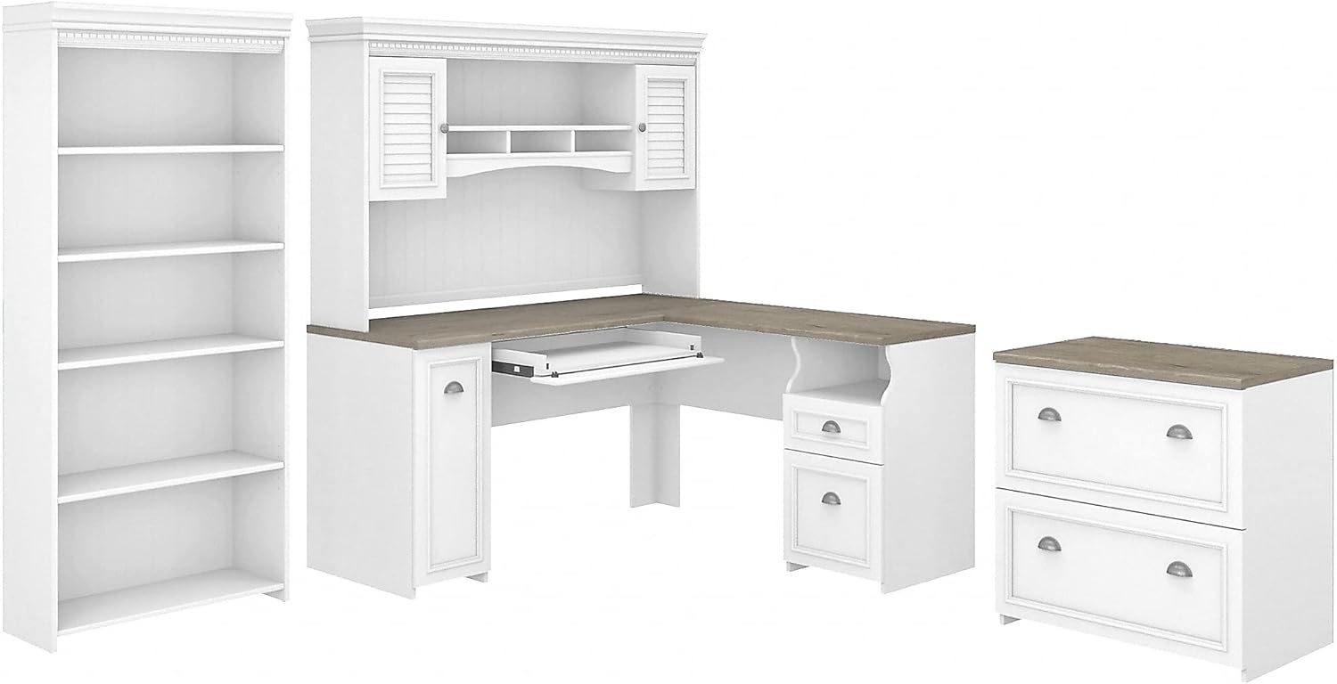 Fairview L Desk 4 Pc Set with Storage in White and Gray - Engineered Wood
