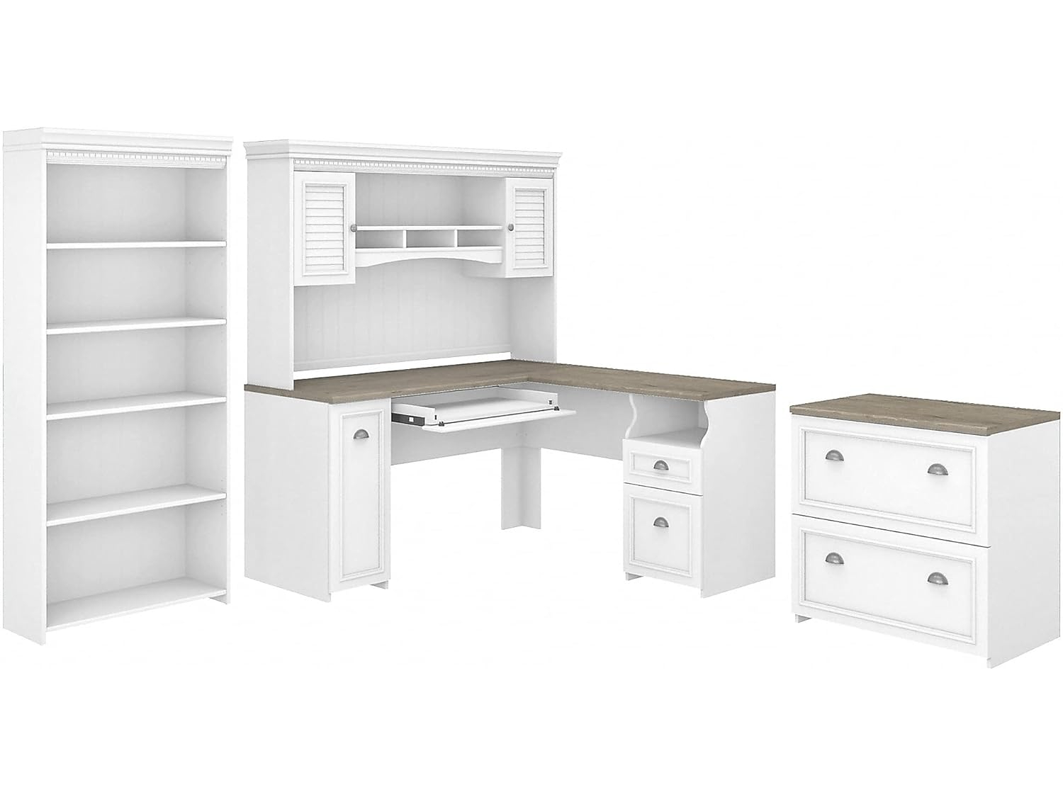 Fairview L Desk 4 Pc Set with Storage in White and Gray - Engineered Wood