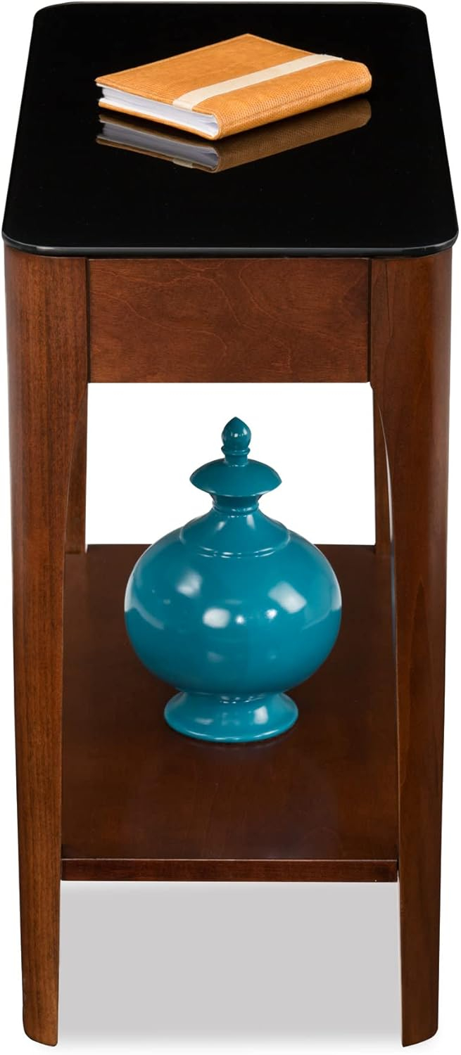 Leick Home 11105 Obsidian Glass Top Narrow Side Table with Shelf, Chestnut and Black Glass