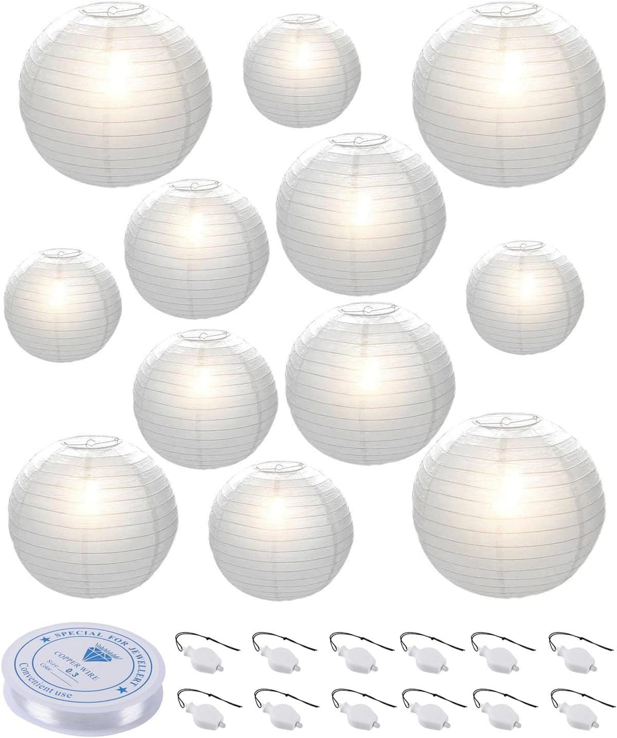 HAUSPROFI Paper Lanterns, 6" 8" 10" 12" Round Paper Lantern with LED Lantern Lights for Indoor and Outdoor Decoration - (Lanterns: 12pcs, Warm White Lights: 12pcs)