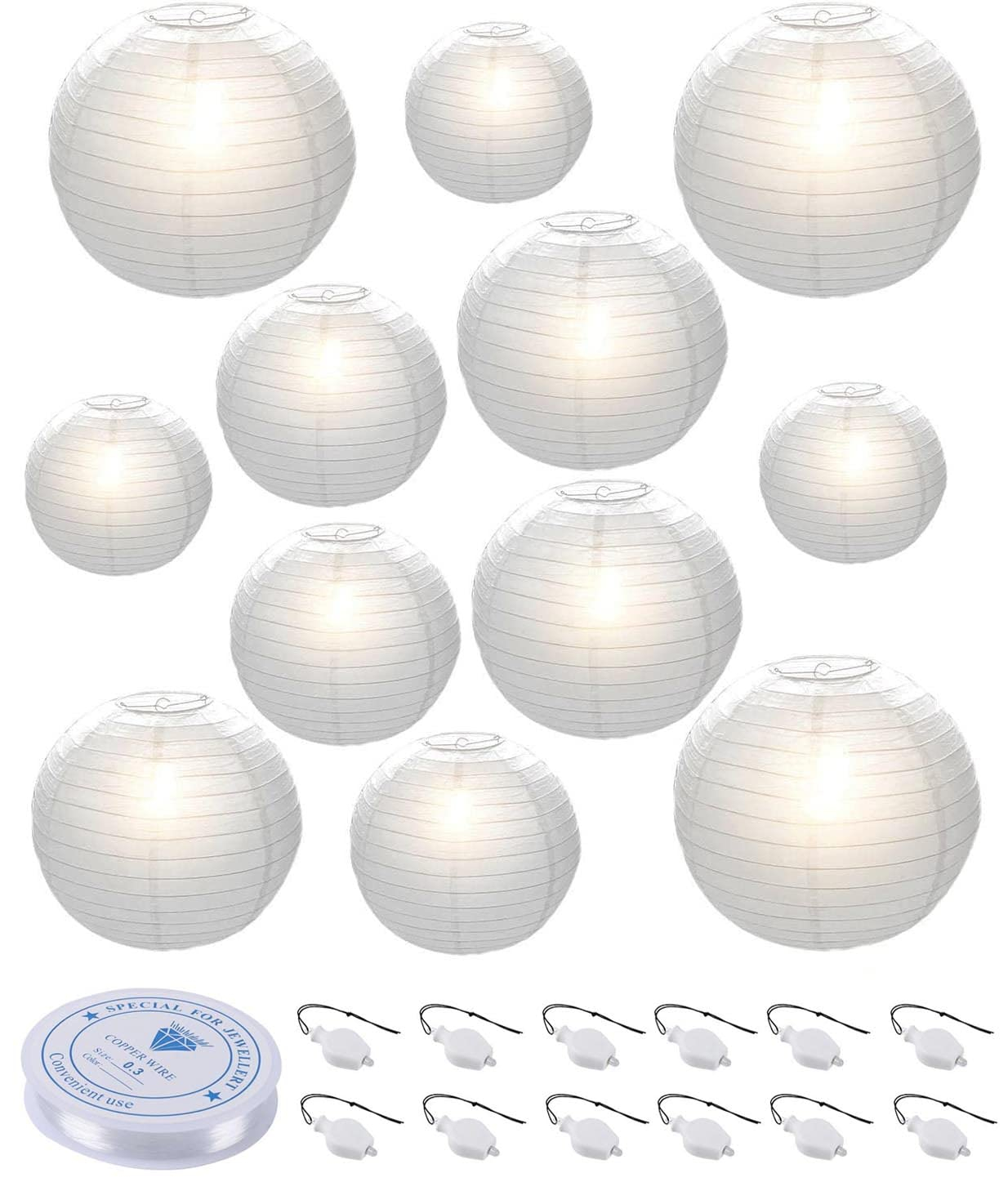 HAUSPROFI Paper Lanterns, 6" 8" 10" 12" Round Paper Lantern with LED Lantern Lights for Indoor and Outdoor Decoration - (Lanterns: 12pcs, Warm White Lights: 12pcs)